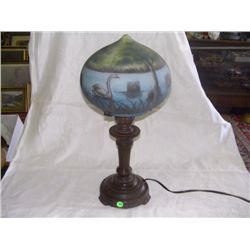 newer painted glass table lamp (swan & lake scene)