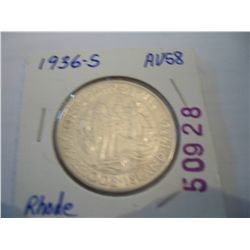 1936 -S Silver Rhode Island Commemorative, AU-58+