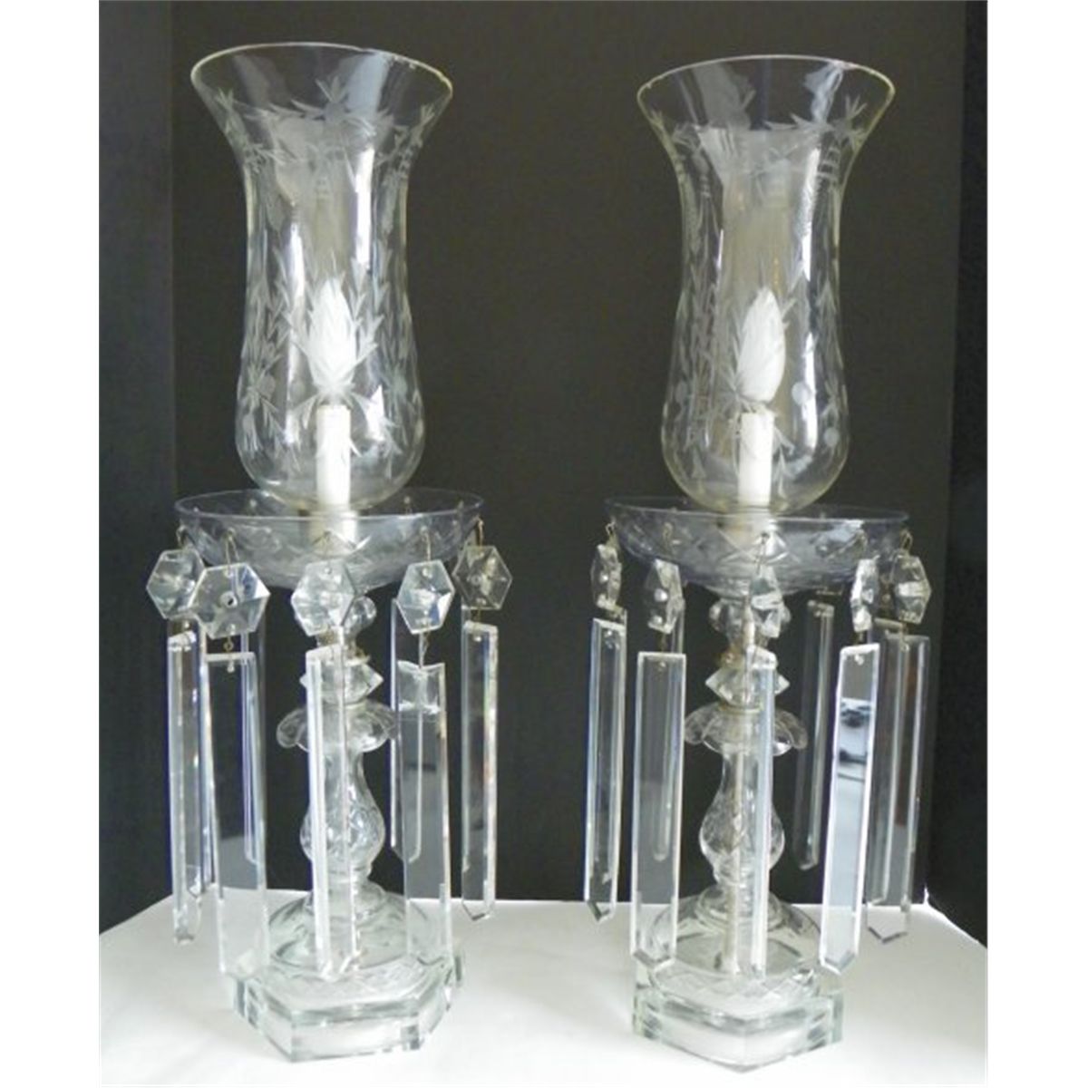 Pair crystal hurricane lamps with etched shades