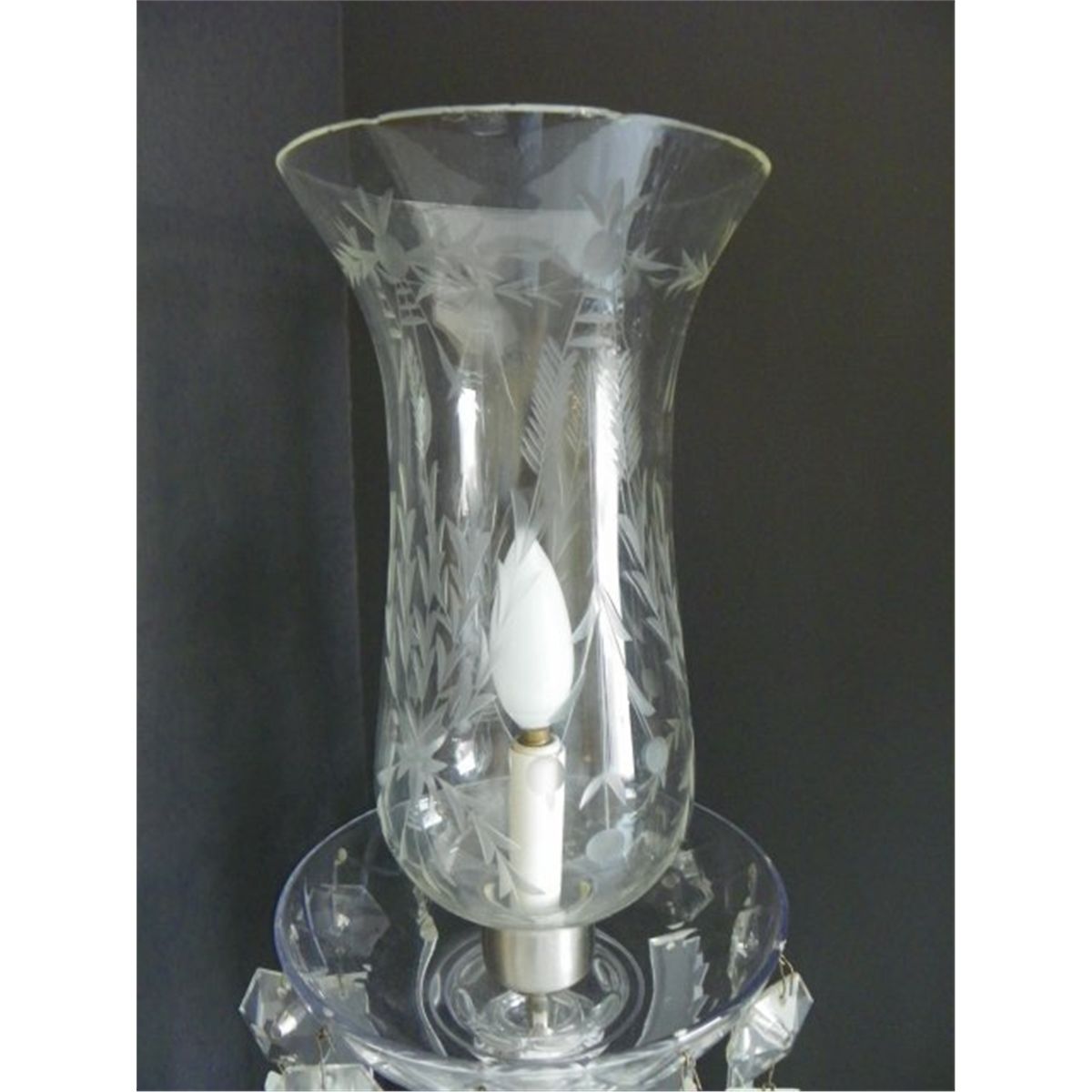 Pair crystal hurricane lamps with etched shades