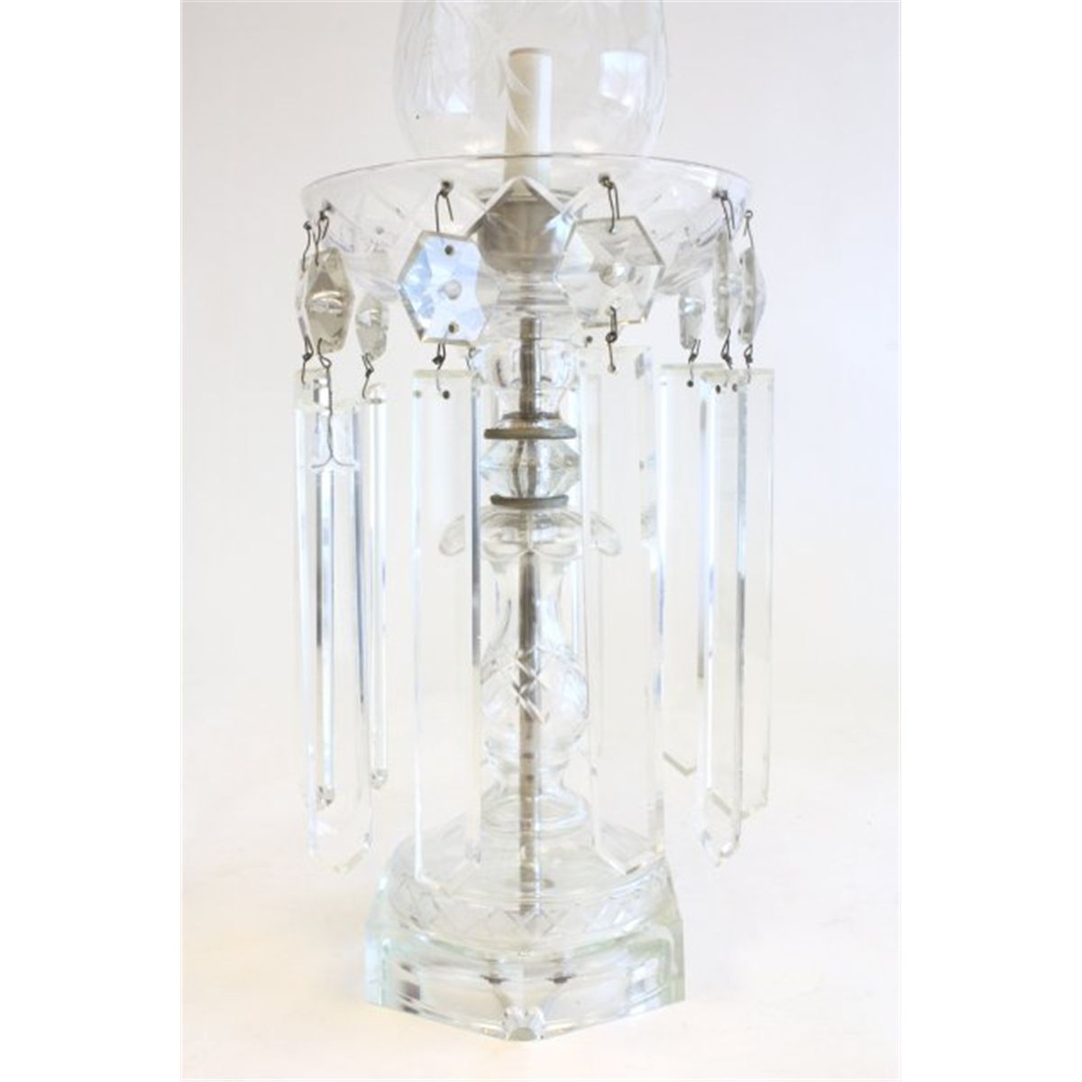 Pair crystal hurricane lamps with etched shades