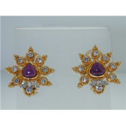 22k Two-Tone Gold Cabochon Ruby & Diamond Earrings