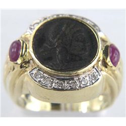 14K Yellow Gold Ruby Ancient Coin Ring