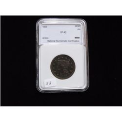 1853 LARGE BRAIDED HAIR CENT XF 40