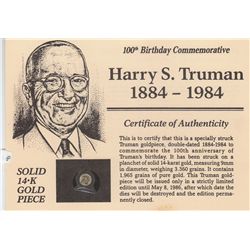TRUMAN SOLID 14 KARAT GOLD COMMEMORATIVE