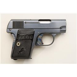 Colt Model 1908 Hammerless semi-auto pistol,  .25 cal., 2” barrel, blue finish, checkered  black har