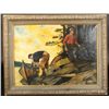 Image 1 : Original oil painting on canvas entitled "At  the End of the Day" showing woodsmen  unloading canoe 