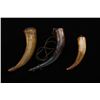 Image 1 : Lot of three old powder horns including one  approx. 12” overall with carvings including  the date “