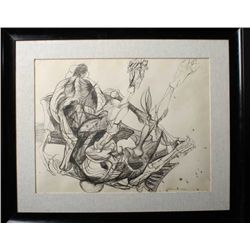 Modernist watercolor of man morphing, signed  Lebrun, dated 1958. 19-1/2” by 25-1/2”.  Nicely framed