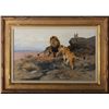 Image 1 : Original oil painting on board portraying  African lion and lioness in dry African  plains. Signed l