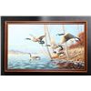 Image 1 : Original oil painting on board showing  Canadian geese in flight over pond. Approx.  24” by 40” (art