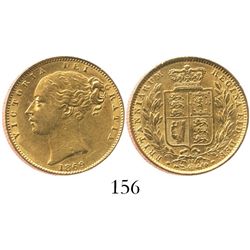 London, England, sovereign, Victoria (young head), 1869, die 53, from the Douro (1882).