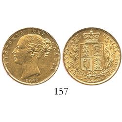 London, England, sovereign, Victoria (young head), 1869, die 54, from the Douro (1882).