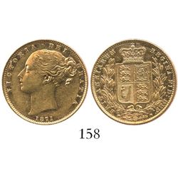 London, England, sovereign, Victoria (young head), 1871, die 72, from the Douro (1882).