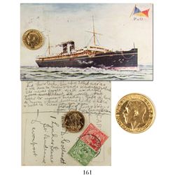 London, England, sovereign, George V, 1914, from the Egypt (1922), with contemporary postcard showin