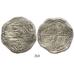 Potosi, Bolivia, cob 8 reales, Philip II, assayer B (5th period), Grade 1.
