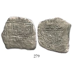 Cartagena, Colombia, cob 8 reales, assayer A to right (1621-22), mintmark RN to left, Grade 3, rare.
