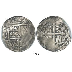 Mexico City, Mexico, cob 8 reales, Philip III, assayer D, Grade 1.