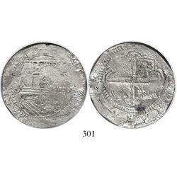 Potosi, Bolivia, cob 8 reales, Philip II, assayer B (3rd period), Grade 1.