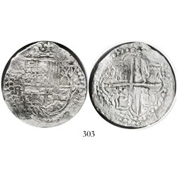 Potosi, Bolivia, cob 8 reales, Philip III, assayer R (curved leg), Grade 1.