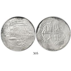 Potosi, Bolivia, cob 8 reales, Philip III, assayer Q, quadrants of cross transposed, Grade 1.
