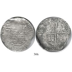 Potosi, Bolivia, cob 8 reales, Philip III, assayer M, quadrants of cross transposed, Grade 1.