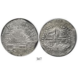 Potosi, Bolivia, cob 8 reales, (1)618, assayer not visible, quadrants of cross transposed, Grade 1.