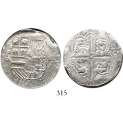 Potosi, Bolivia, cob 4 reales, Philip III, assayer RL (curved leg), Grade 1.