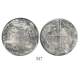 Potosi, Bolivia, cob 4 reales, Philip III, assayer Q, quadrants of cross transposed, Grade 1.