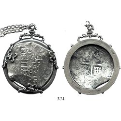 Mexico City, Mexico, cob 8 reales, Philip IV, assayer D, mounted shield-side out in a silver bezel w