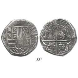 Potosi, Bolivia, cob 8 reales, 1630T, "+" ornaments, rare.