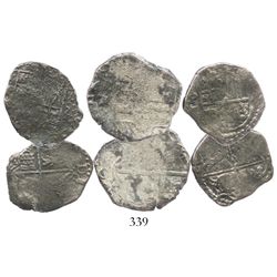 Lot of 3 Potosi, Bolivia, cobs (one 4R and two 2R), Philip IV, assayer TR where visible.