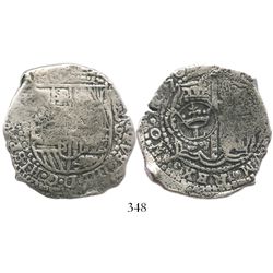 Potosi, Bolivia, cob 8 reales, 1650O (large Spanish 5), crowned-L countermark on cross.