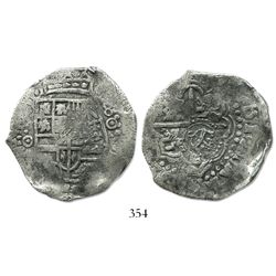 Potosi, Bolivia, cob 8 reales, (1650)O, crowned-S countermark on cross (scarce).