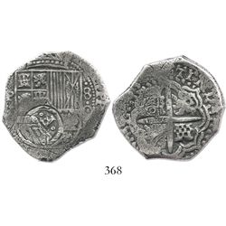 Potosi, Bolivia, cob 4 reales, (1)650O, with crowned-.F. countermark on shield, unique error struck