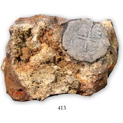 Potosi, Bolivia, cob 8 reales, 1675E, with large clump on which it was once attached.