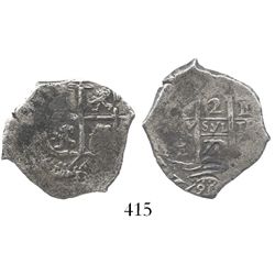 Potosi, Bolivia, cob 2 reales, 1672E.