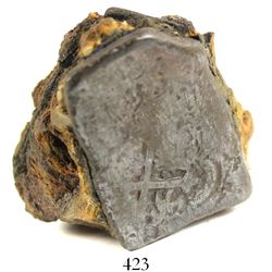 Mexico City, Mexico, cob 8 reales, Charles II, assayer not visible, encrusted onto a chunk of crud.
