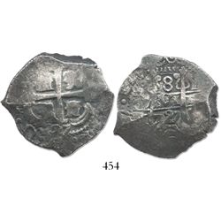 Potosi, Bolivia, cob 8 reales, 1727Y, Louis I, rare.