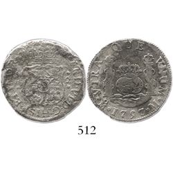 Mexico City, Mexico, pillar 2 reales, Ferdinand VI, 1757M, crowns alike.