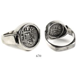 Lima, Peru, cob 1/2 real, 1709, mounted cross-side out in sterling silver ring.