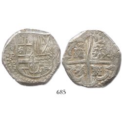 Potosi, Bolivia, cob 8 reales, Philip IV, assayer P (1620s), from the ca.-1629 "Panama Hoard."