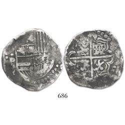 Potosi, Bolivia, cob 8 reales, Philip IV, assayer .P (1620s), quadrants of cross transposed and lion