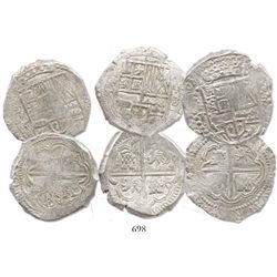 Lot of 3 Potosi, Bolivia, cob 8 reales, 1629T, all late type with fine dots, from the ca.-1629 "Pana