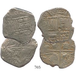Lot of 2 Potosi, Bolivia, cob 8 reales, Philip IV, assayers not visible (P or T, mid- to late 1620s)
