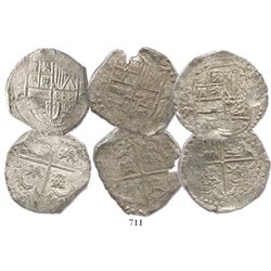 Lot of 3 Potosi, Bolivia, cob 8 reales, assayer T (mid- to late 1620s), one with lions-castles trans