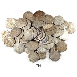 Huge lot of 50 Potosi, Bolivia, cob 8 reales, assayers P and T (mid- to late 1620s) where visible, m