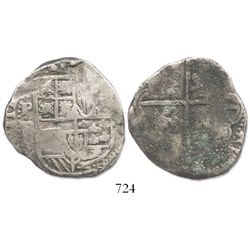Potosi, Bolivia, cob 8 reales, Philip IV, assayer TR (large, late 1630s).