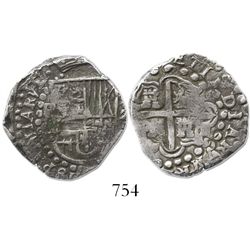 Potosi, Bolivia, cob 2 reales, Philip IV, assayer P (1620s).