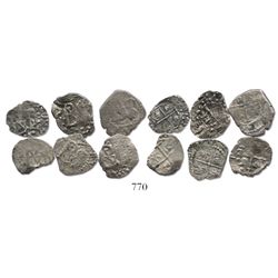 Lot of 6 Potosi, Bolivia, cob 1/2 reales, Philip III-IV, one with assayer R (curved-leg) visible.